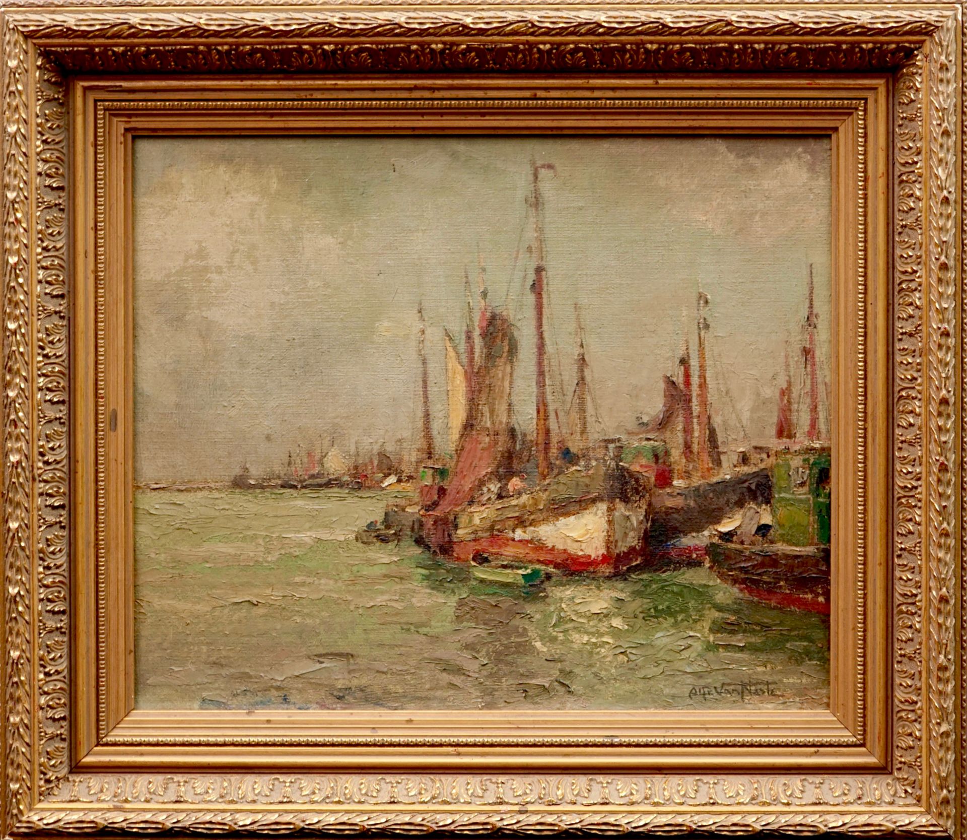 Alfred Van Neste (Bruges, 1874-1969), Fishing boats near the coast, oil on canvas Dim.: 50,5 x 44 cm - Image 2 of 2