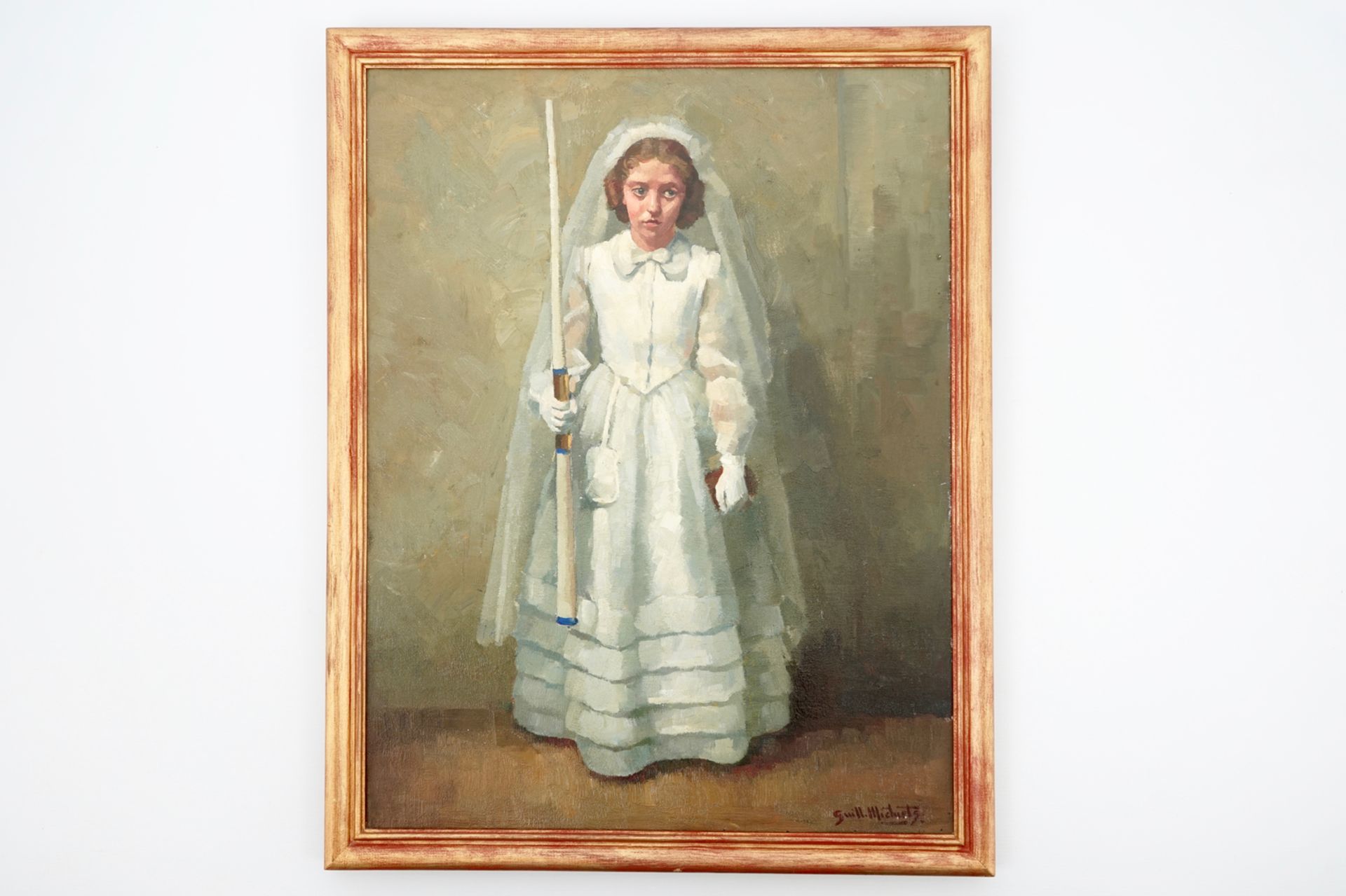 Guillaume Michiels (1909-1997), a portrait of a communiant in lace dress, oil on canvas Dim.: 70,5 x - Image 2 of 2