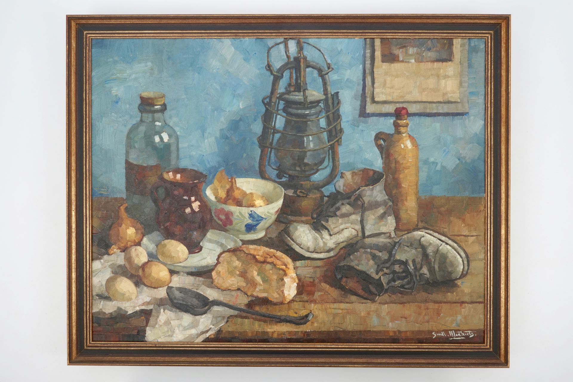 Guillaume Michiels (1909-1997), a still life with a marine lantern, oil on canvas in profiled - Image 2 of 2