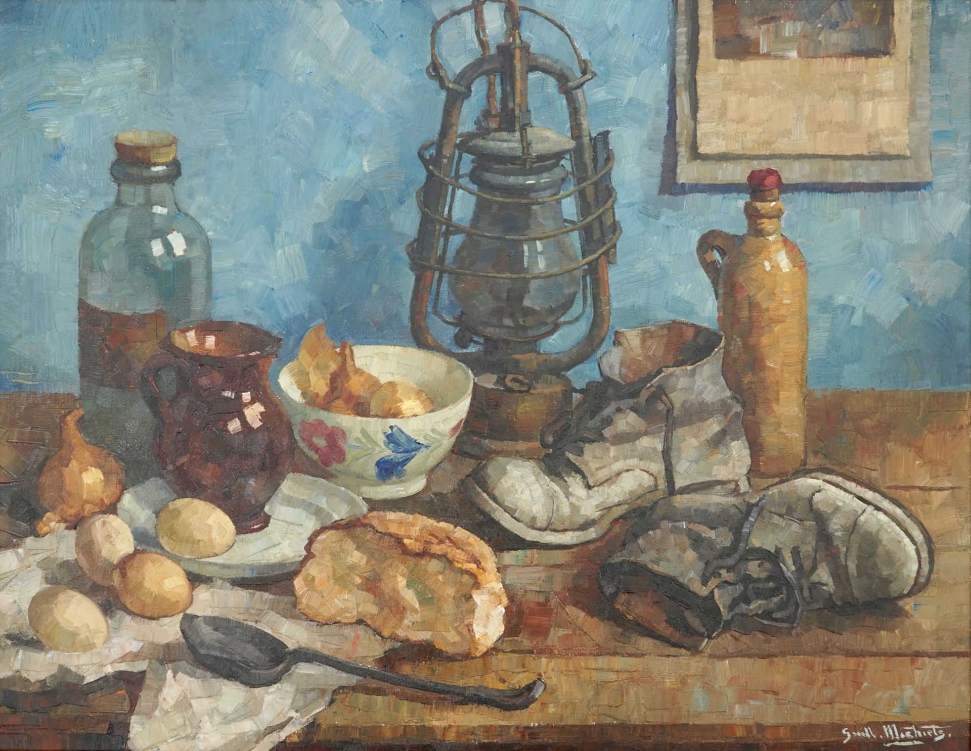 Guillaume Michiels (1909-1997), a still life with a marine lantern, oil on canvas in profiled
