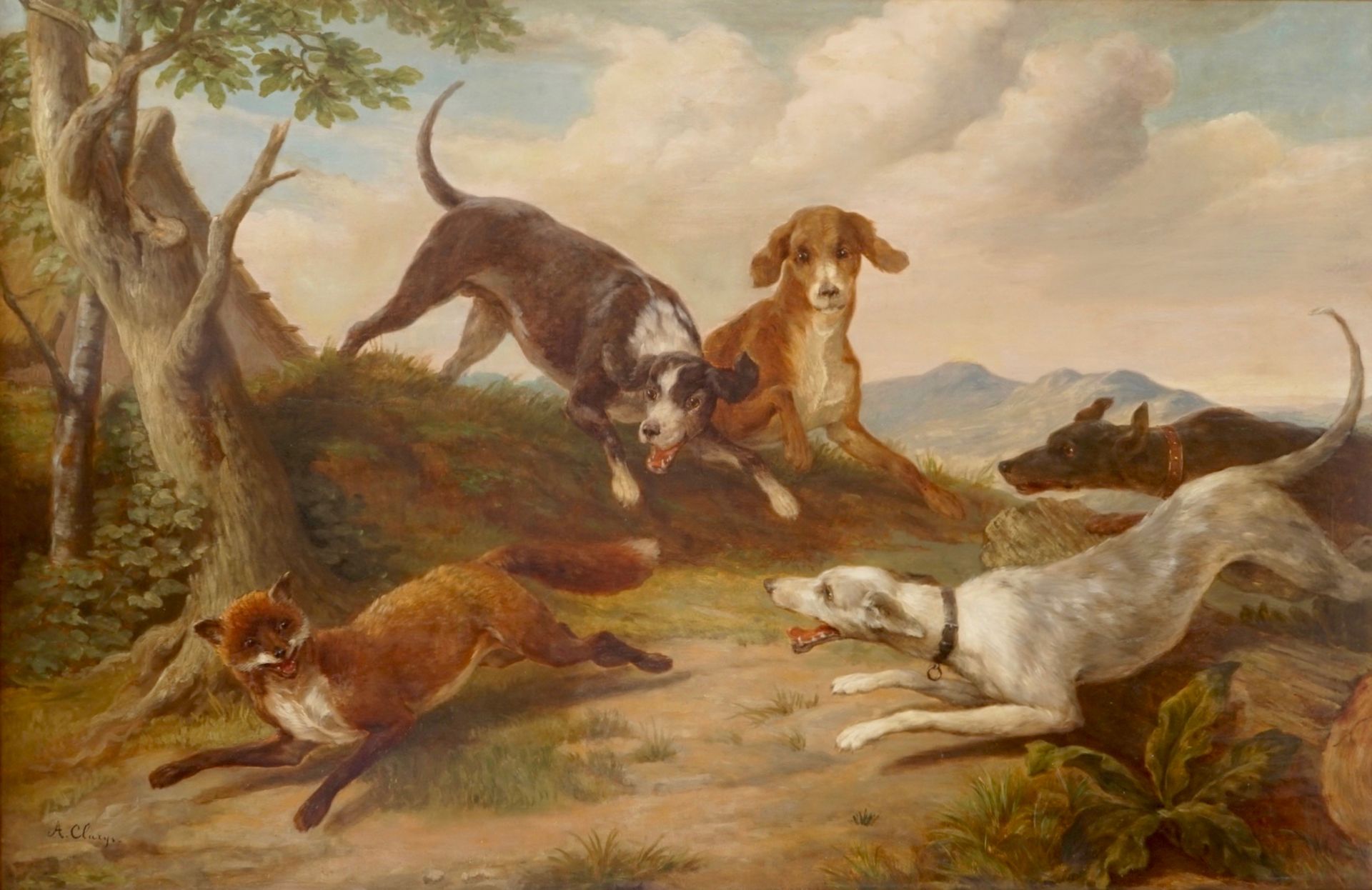 Alexandre Clarys, "Dogs hunting a fox", oil on canvas of large size Dim.: 202 x 142 cm (with frame)