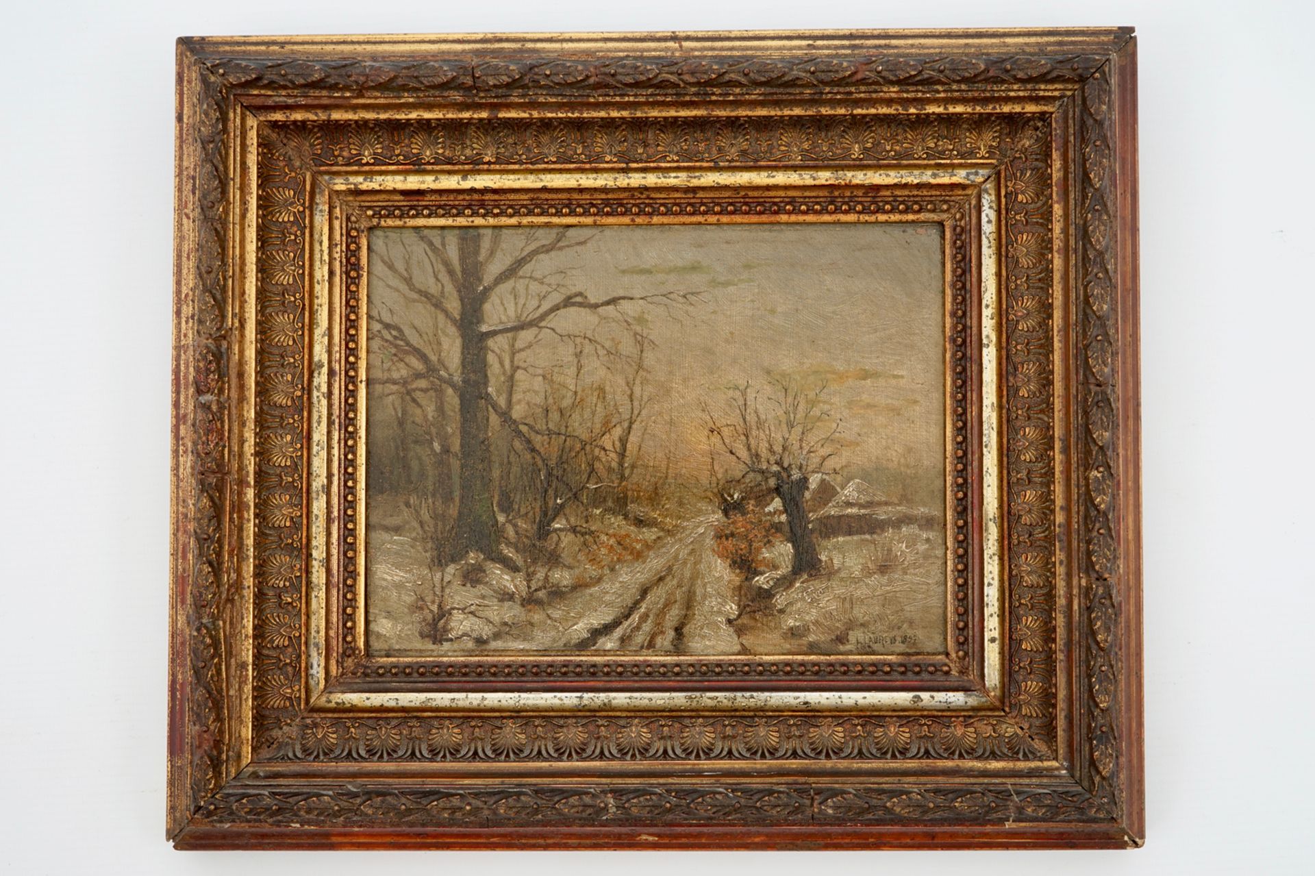 L. Laureys, a snowy winter landscape, oil on panel, dated 1897 Dim.: 34,5 x 29 cm (frame)Dim.: 20, - Image 2 of 2