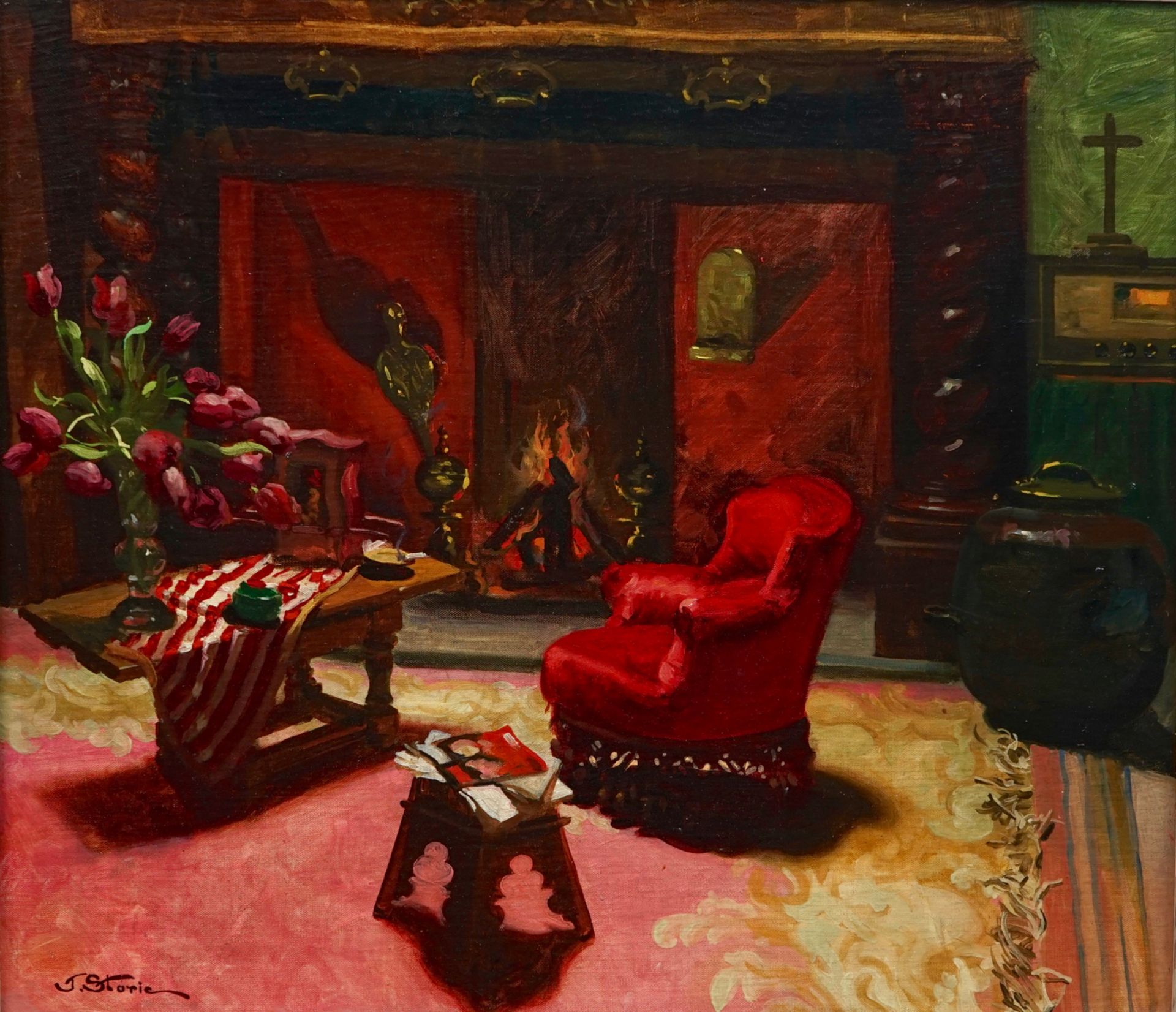 José Storie (1899-1961), Interior with a fireplace (Le Foyer), oil on canvas Dim.: 102 x 91 cm