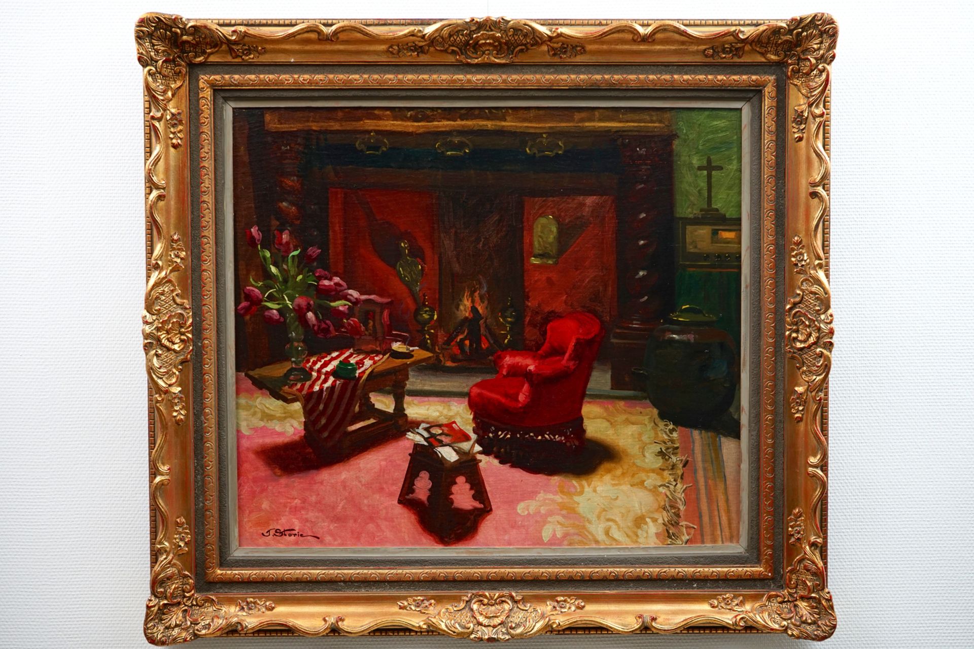 José Storie (1899-1961), Interior with a fireplace (Le Foyer), oil on canvas Dim.: 102 x 91 cm - Image 2 of 2