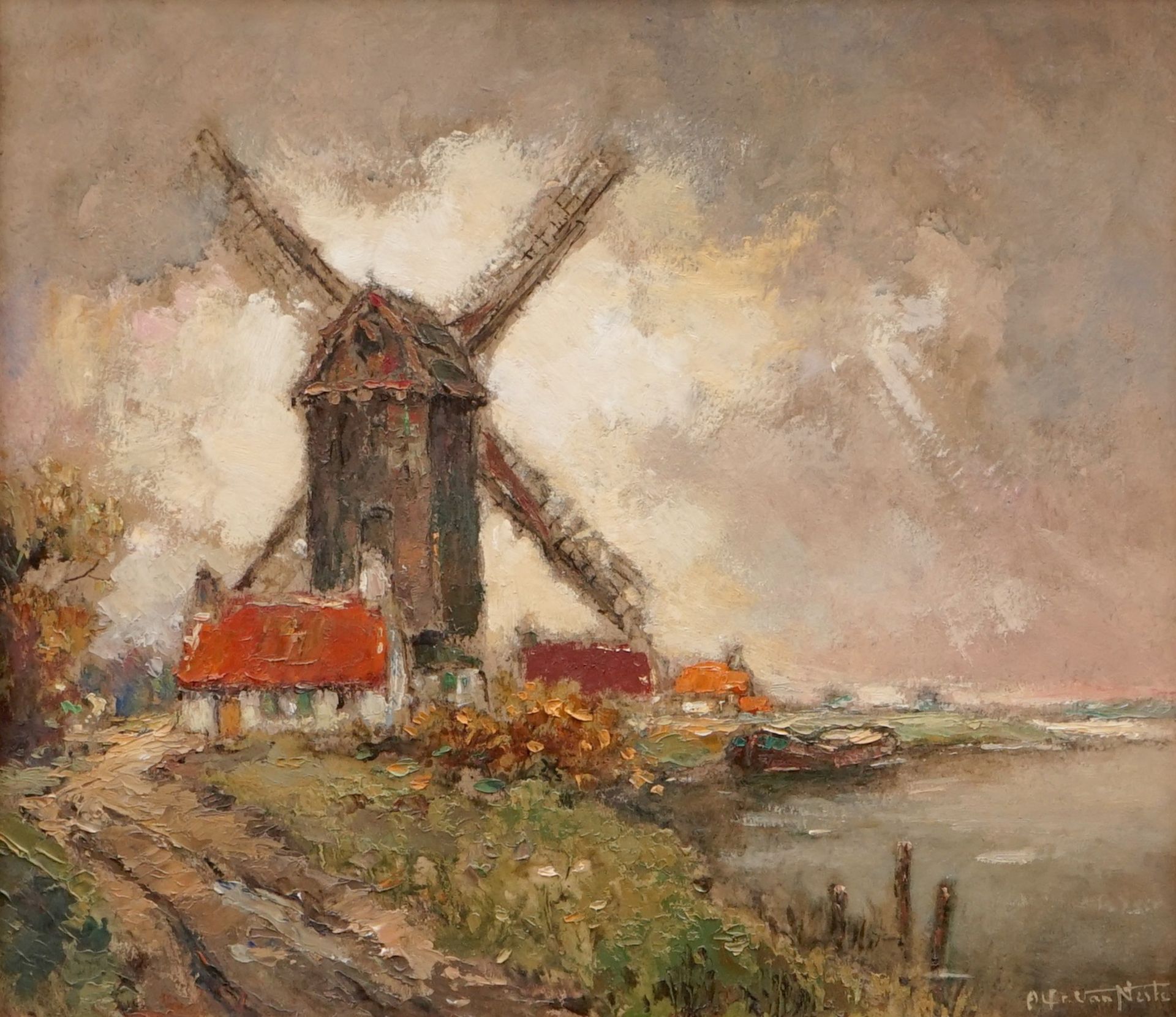 Alfred Van Neste (Bruges, 1874-1969), A landscape with a mill, oil on canvas Dim.: 58 x 54,5 cm /