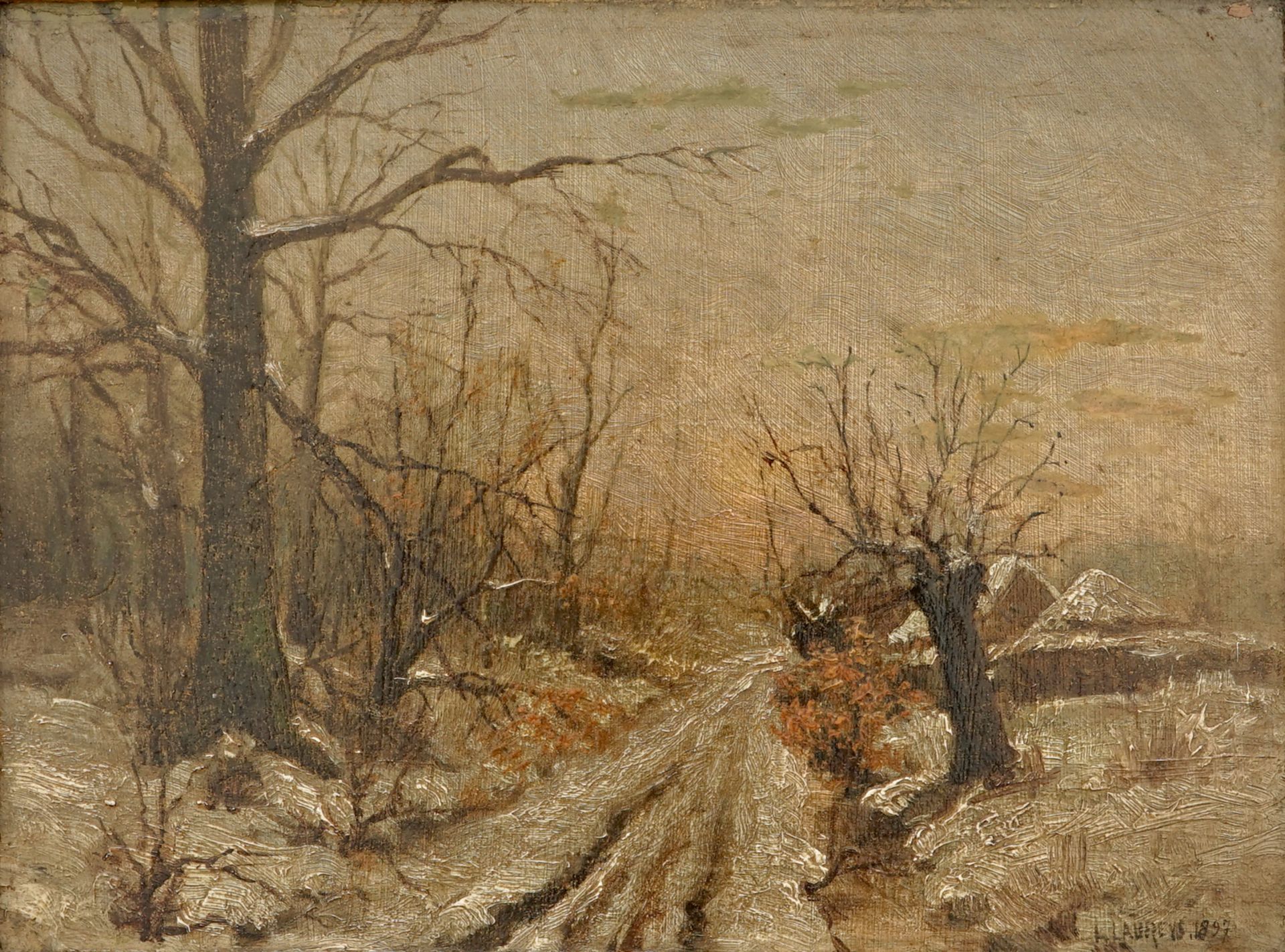 L. Laureys, a snowy winter landscape, oil on panel, dated 1897 Dim.: 34,5 x 29 cm (frame)Dim.: 20,