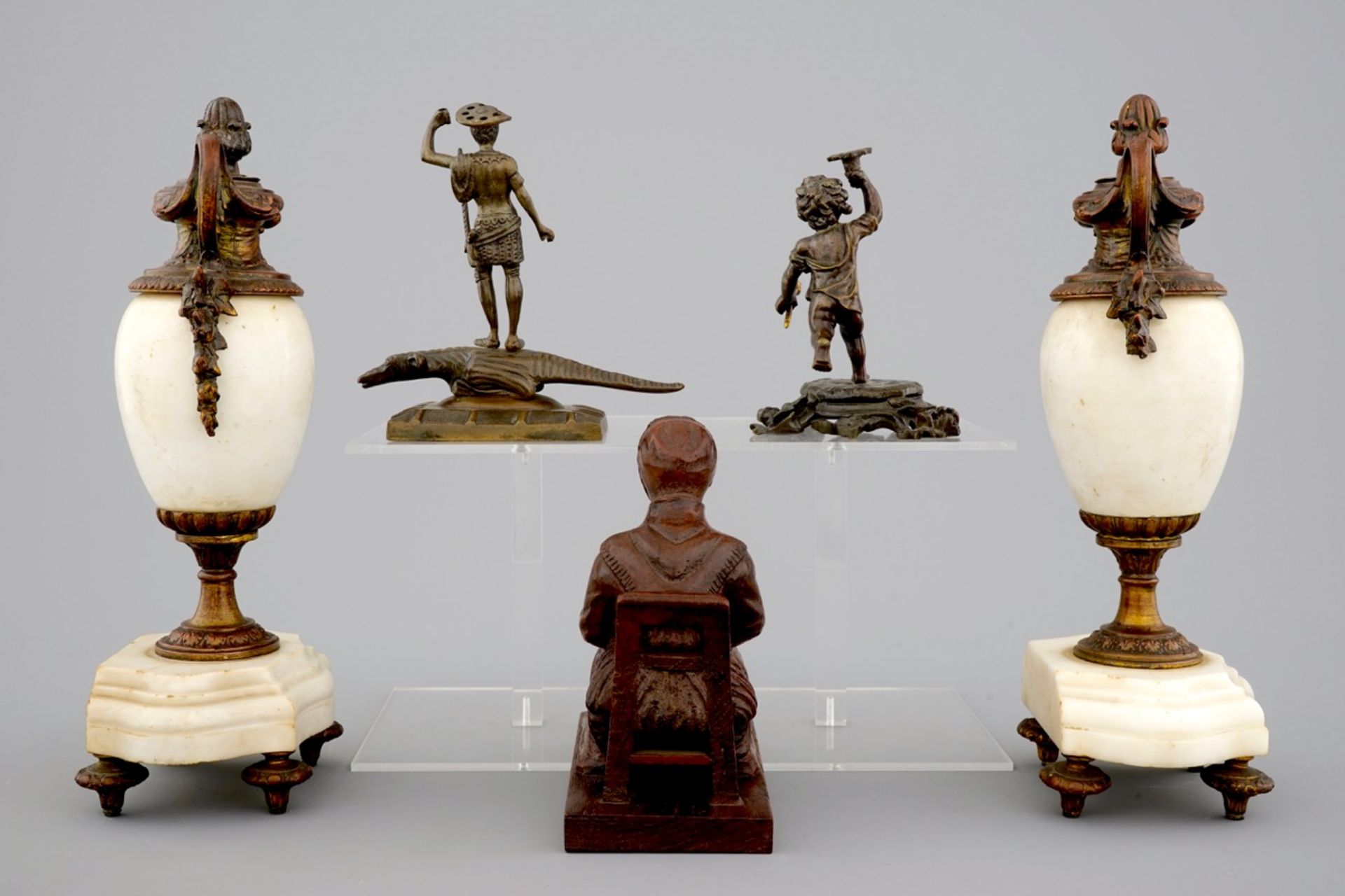 3 Val-Saint-Lambert bowls, a pair of marble urns and 3 bronze and wood figures, 19/20th C. - Image 10 of 13