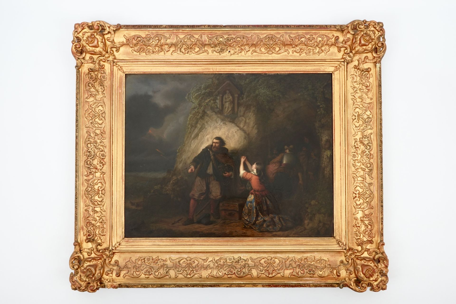 A coastal scene with soldiers, oil on panel, illegibly signed & dated 1850 Dim.: 90 x 77 cm (frame)