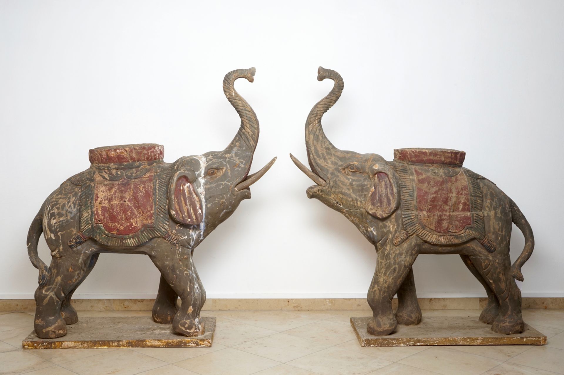 A pair of large wooden polychrome elephants, South-East Asia, 20th C. H.: 156 cm - L.: 141 cm - Image 2 of 8