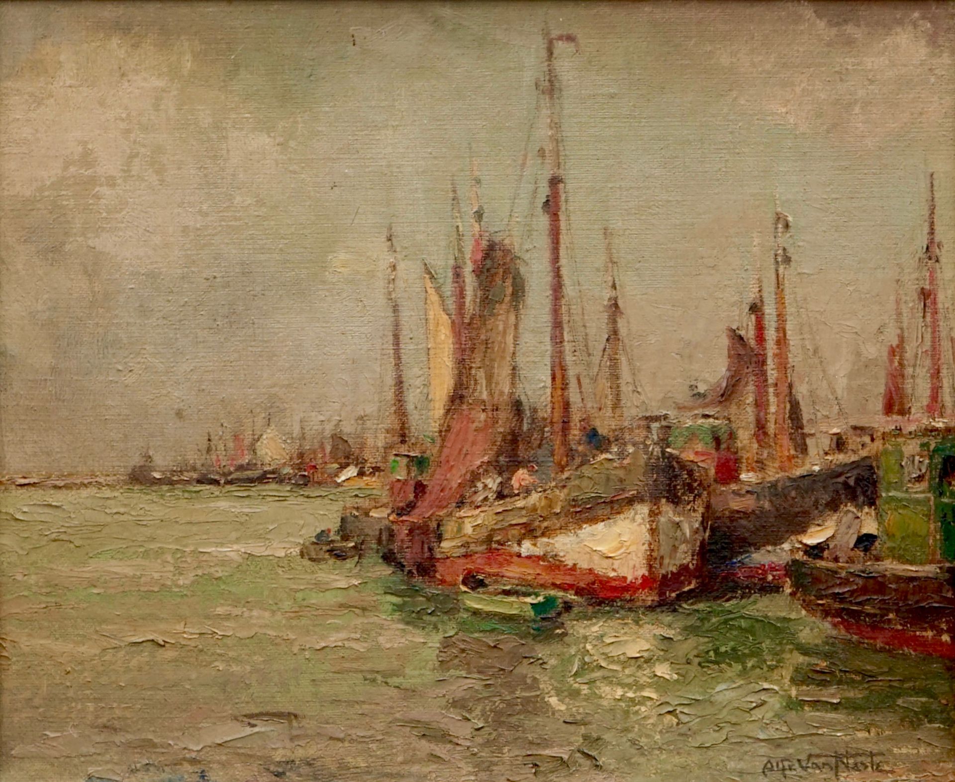 Alfred Van Neste (Bruges, 1874-1969), Fishing boats near the coast, oil on canvas Dim.: 50,5 x 44 cm