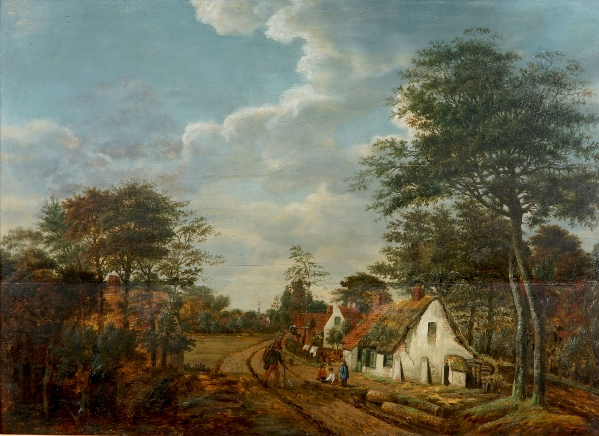 A view along the road, oil on panel, early 19th C. Dim.: 103,4 x 83,8 cm (frame)Dim.: 70,5 x 30,5 cm