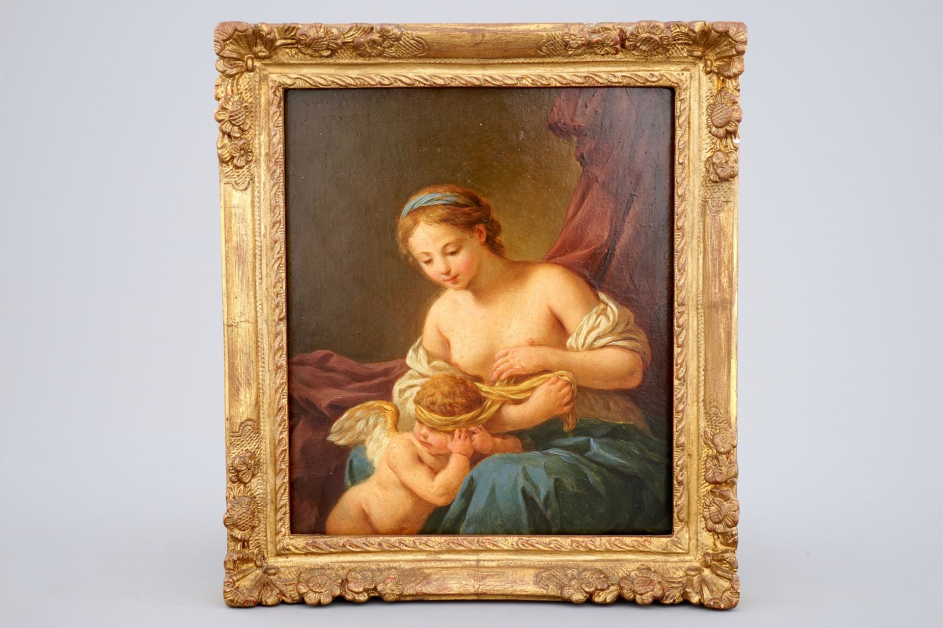 French School, Venus and Cupid, oil on panel, 18th C. Dim.: 22 x 20 cm (frame) Dim.: 17,5 x 15 cm ( - Image 2 of 3