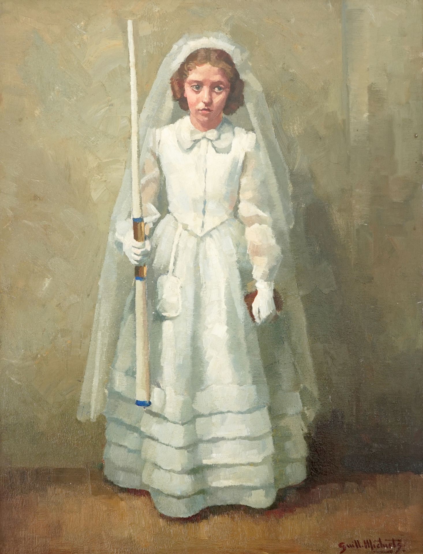Guillaume Michiels (1909-1997), a portrait of a communiant in lace dress, oil on canvas Dim.: 70,5 x
