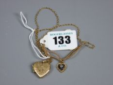 A gold heart shaped locket marked 375 and a 16 ins gold chain with heart shaped pendant and