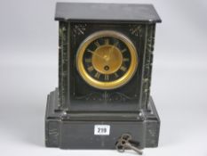 A 19th Century black marble mantel clock, the black enamel dial with gilt Roman numerals and winding