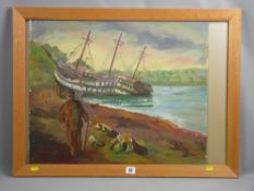 ROWENA WYN oil on board - HMS Conway on the Straits in its beached distressed state and man with