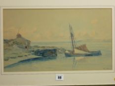 PHIL OSMENT watercolour - masted boats moored at a small quay with cottage, possibly Beaumaris
