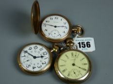 Three Waltham pocket watches in gold plated cased, two open faced and one full hunter