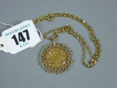A Victorian full gold sovereign, 1897 set in a rope twist full mount marked 375 on a 375 gold chain,