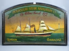A 20th Century arch top sign for 'Peninsula Steam Navigation Co' of a three masted steam ship in