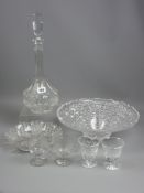 A heavy cut glass fruit bowl, a similarly cut tall glass decanter and stopper, two Edwardian custard