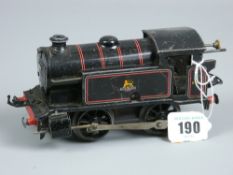 A probably Hornby Meccano gauge 0 tank locomotive, black and red livery with British Railway
