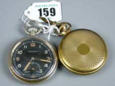 A Moeris military issue pocket watch, Arabic numerals on a black dial set in a white metal case, the