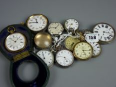 Nine metal cased pocket watches and an uncased travel clock, a silver pocket watch case with