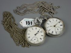 Two silver cased gent's pocket watches with white dials, Roman numerals and subsidiary seconds,