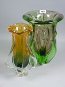 Two art form glass vases, a green and amethyst bullseye flared neck example, 25 cms high, 18.5 cms