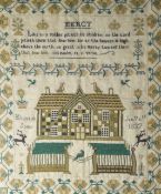 ELIZABETH JONES - a good needlework sampler bearing religious 'Mercy' psalm above a school-house and