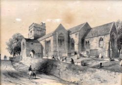 BRITISH SCHOOL monochrome print - St. Woollos Church, Newport (now Cathedral) with figures and
