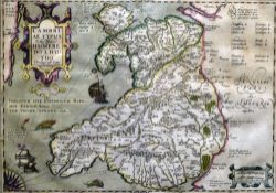 HUMPHREY LLWYD & ETCHED BY PETER KAERIUS - 1603 coloured historical and cultural map of Wales from