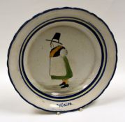 LLANELLY POTTERY - crimped circular plate with blue and yellow trim and centre depiction of a