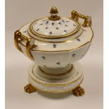 SWANSEA PORCELAIN - rare shaped tureen and cover, raised on a circular base on three gilded claw-