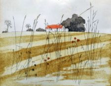 IOLA SPAFFORD limited edition (6/75) colour etching - farmland with red-roofed farm in distance,