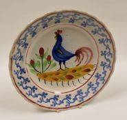 LLANELLY POTTERY - cockerel plate with sponged continuous foliate border, 24cms diam