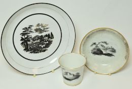 SWANSEA DILLWYN PERIOD - dish with black transfer view, together with a similar coffee-cup and