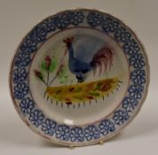 LLANELLY POTTERY - cockerel plate with sponged floral border, 25cms diam