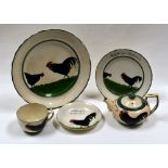 LLANELLY POTTERY - part tea-set with green trim, each painted with 'cock and hen' comprising