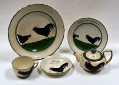LLANELLY POTTERY - part tea-set with green trim, each painted with 'cock and hen' comprising