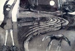 ELERI MILLS limited edition (18/35) etching and aquatint - nocturne harvested landscape with full-