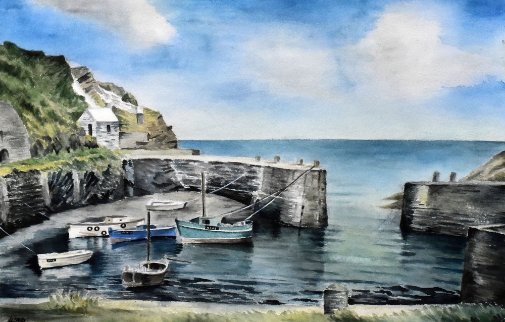 ALUN DAVIES watercolour - harbour scene, Porthgain, Pembrokeshire, signed with initials, 36 x 54cms