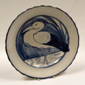 LLANELLY POTTERY - plate with crimped rim and painted with a standing heron or stork amongst