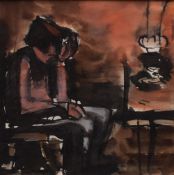 JOSEF HERMAN watercolour - entitled verso 'Two Seated Figures with Oil Lamp', 15 x 15cms