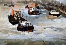 JOHN KNAPP FISHER limited edition (24/150) print - busy harbour with tugs and other vessels,