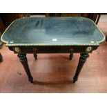 An Edwardian ebonized side table with cast brass edging and embellishments, shaped top over a single