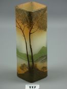 A Legras early 20th Century cameo vase, a square form vase with etched tree and landscape around a
