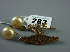 A fifteen carat gold seed pearl brooch - 'Faith, Hope, Charity', 3.8 grms, a nine carat gold diamond