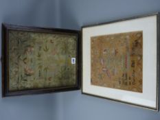 Sampler - a framed silkwork floral sampler with birds on a tree etc by Rebecca Wigg, 1806, 33 x 28